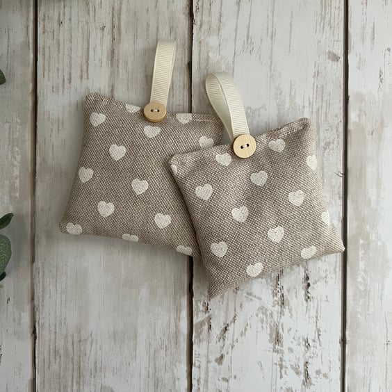 Set of 2 Lavender Sachets: Beige Hearts Fabric Design, New Home, Sleep Pillows