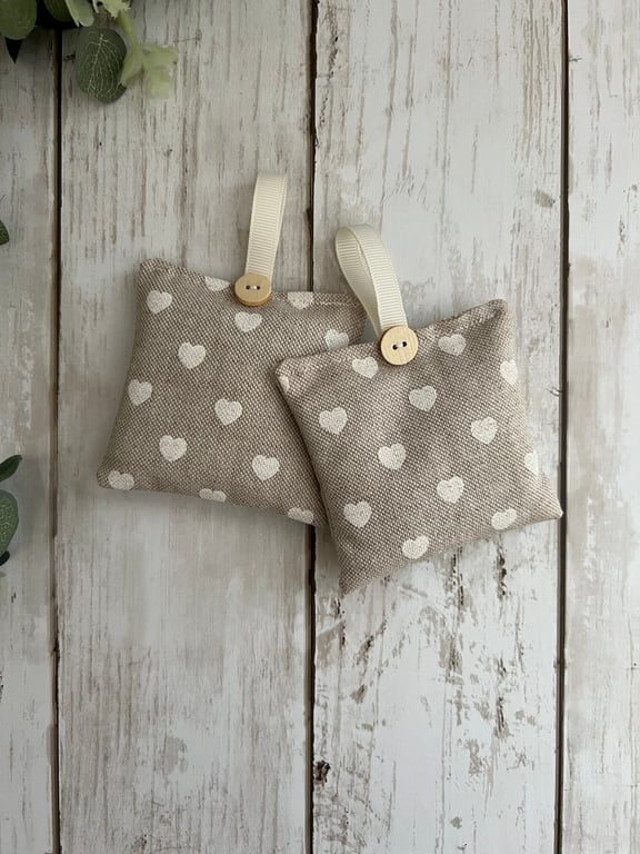 Set of 2 Lavender Sachets: Beige Hearts Fabric Design, New Home, Sleep Pillows