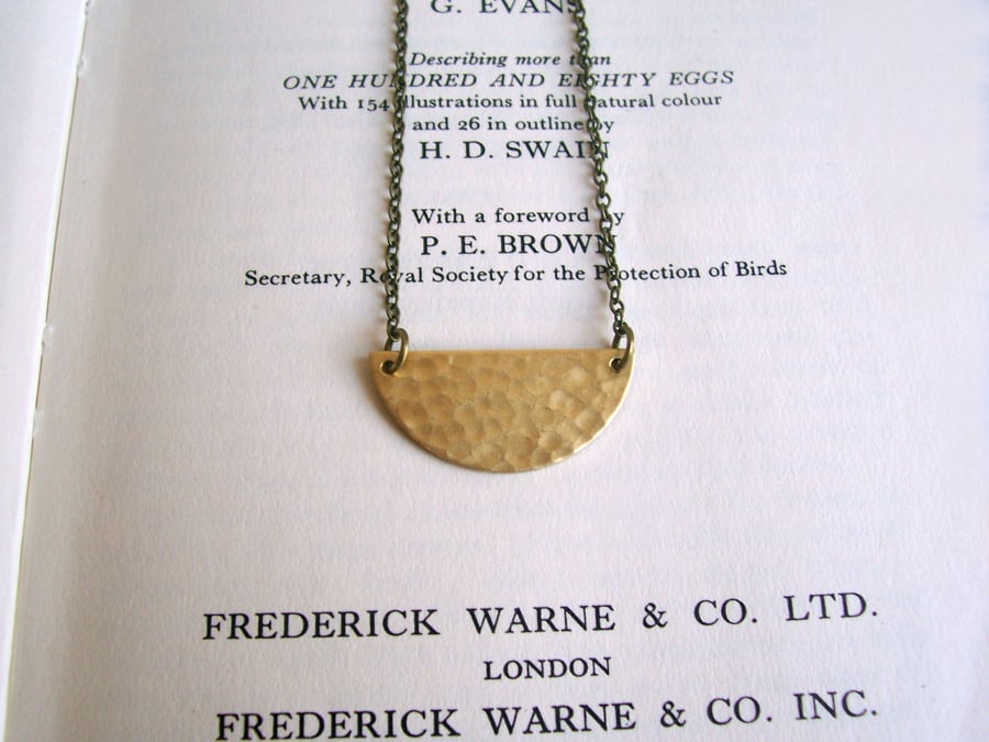 Golden Half Moon necklace - textured brass semi circle on fine chain - spring