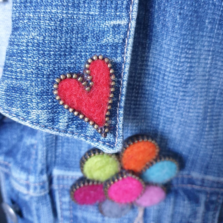 Hand Felted Red Heart Pin Badge With Zip Edge Outline