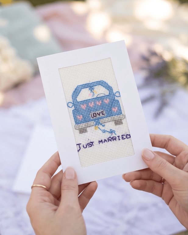 Cross Stitch Wedding Card - Just Married Blue Car Card for Newlyweds