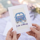 Cross Stitch Wedding Card - Just Married Blue Car Card for Newlyweds