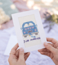 Cross Stitch Wedding Card - Just Married Blue Car Card for Newlyweds