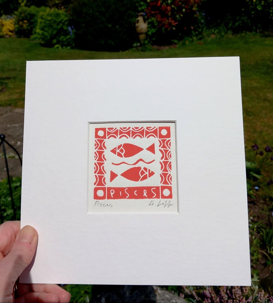 Pisces,Red Fish Mini Linocut, Original Lino Print by Giuliana Lazzerini