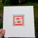 Pisces,Red Fish Mini Linocut, Original Lino Print by Giuliana Lazzerini