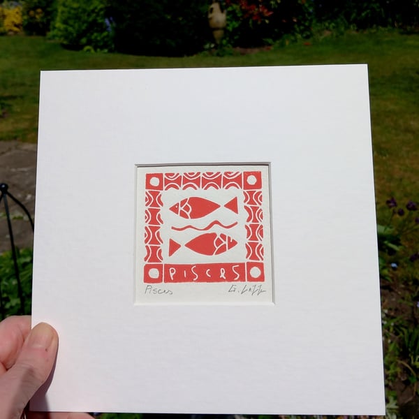 Pisces,Red Fish Mini Linocut, Original Lino Print by Giuliana Lazzerini
