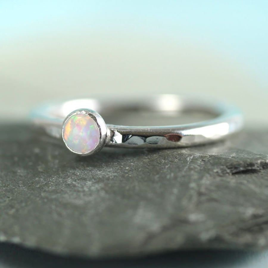Silver Stacking Ring with White Synthetic Opal Hammered band in Sterling