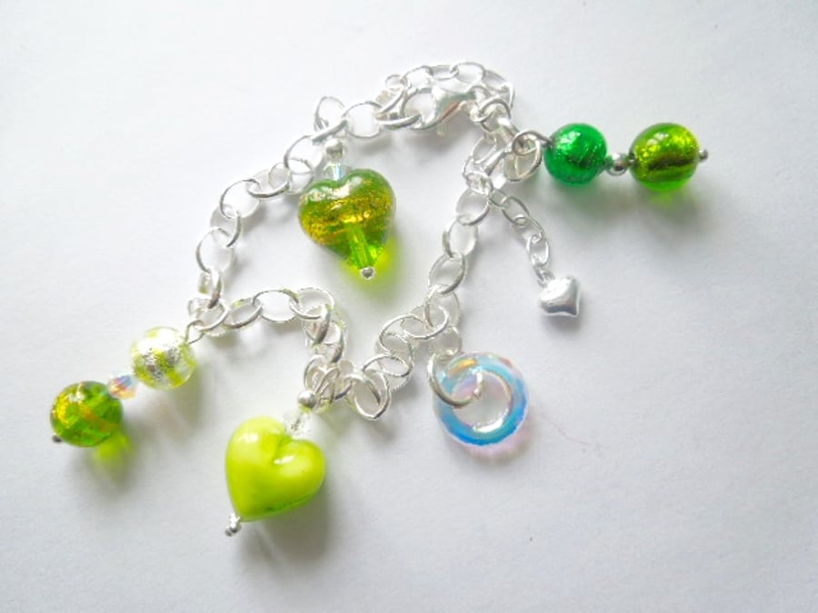 Green and sterling silver handmade Murano glass charm bracelet with Swarovski.