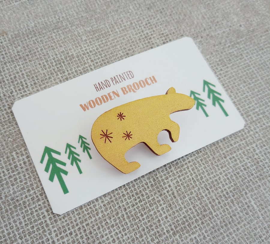 Bear Brooch, Bear Pin, Wooden Bear, Gold Bear, Wooden Brooch Badge