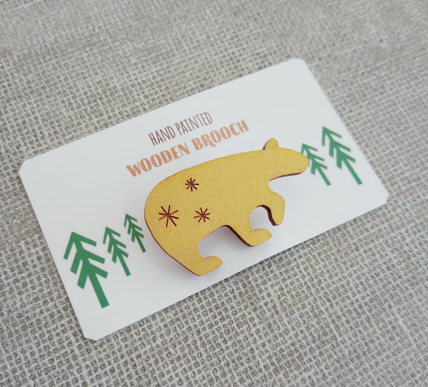 Bear Brooch, Bear Pin, Wooden Bear, Gold Bear, Wooden Brooch Badge