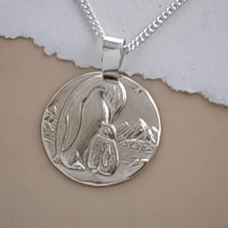Emperor Penguin Coin Necklace Deep Engraved Recycled Sterling Silver Christmas G