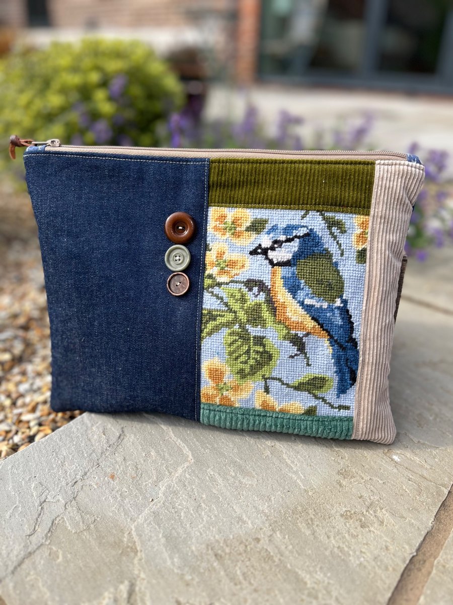 RESERVED for Louise - Repurposed Blue Tit tapestry large soft pouch