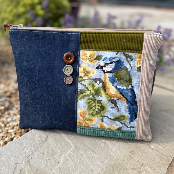 RESERVED for Louise - Repurposed Blue Tit tapestry large soft pouch
