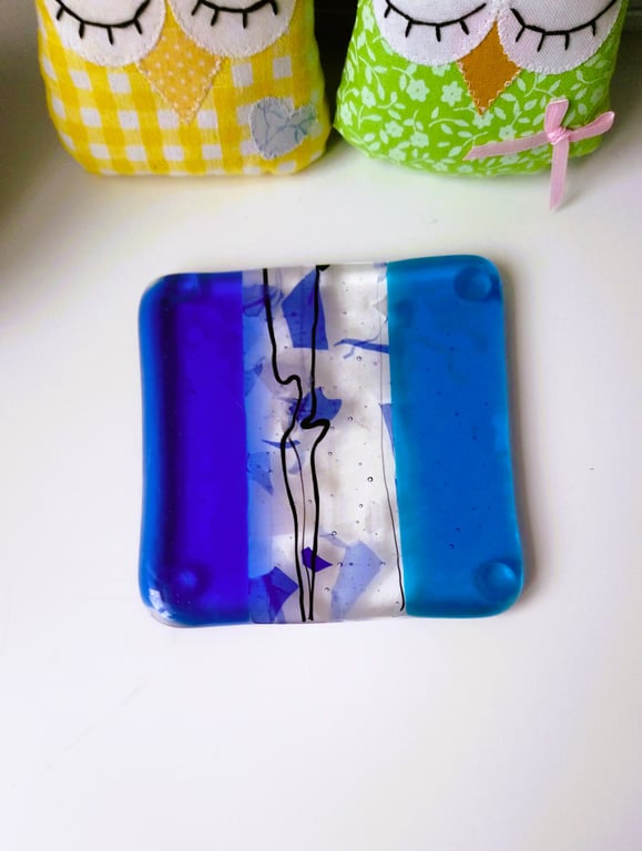 A Pair of Blue Striped Fused Glass Coasters