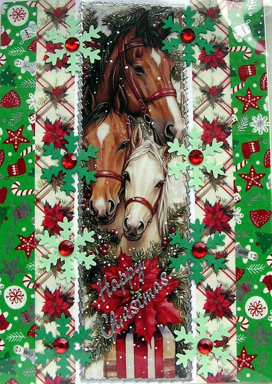 Hand Crafted Decoupage Chistmas Card - Happy Christmas (3378) - Pony Horse