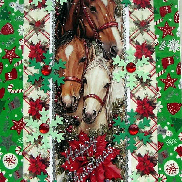Hand Crafted Decoupage Chistmas Card - Happy Christmas (3378) - Pony Horse