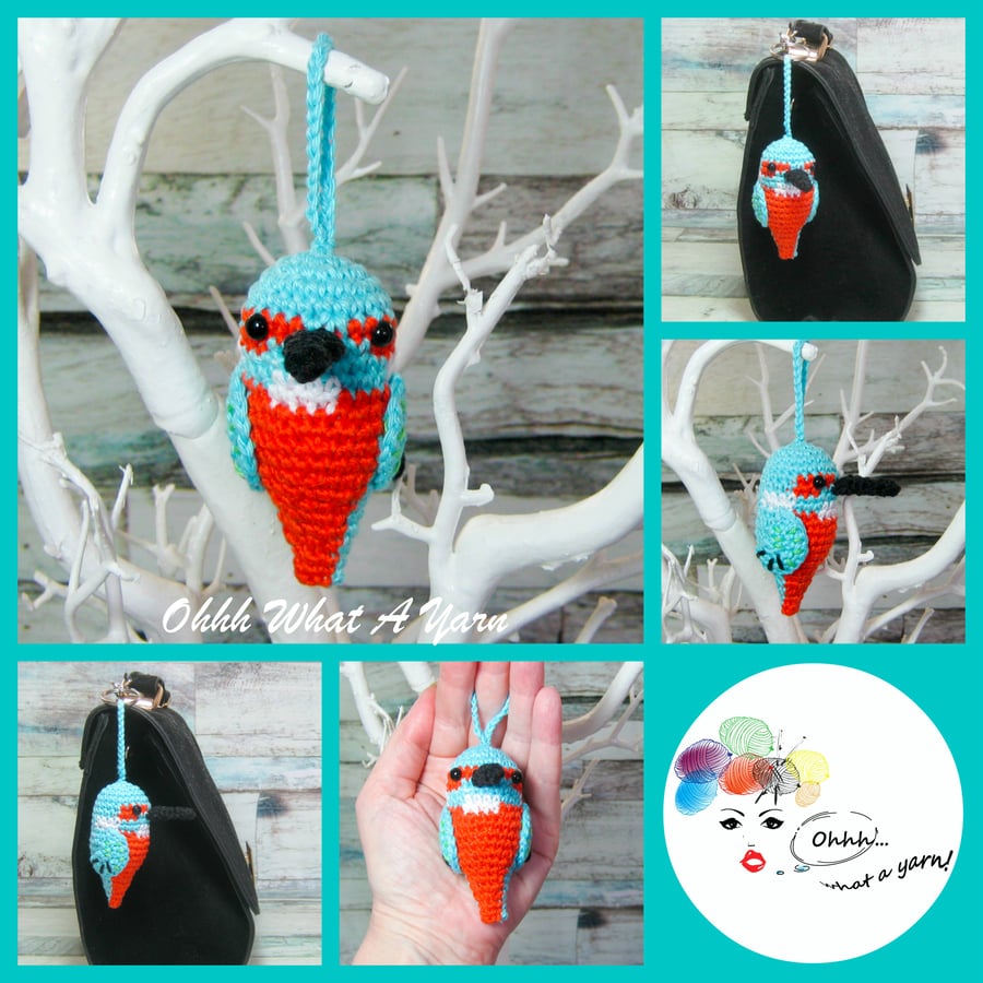 Crochet kingfisher hanging decoration, bag charm, key ring, key chain