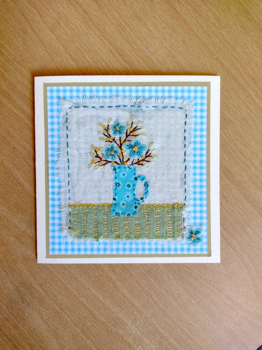 Jug of Flowers Fabric Greeting Card - Hand-Stitched - Blank Card - Textile