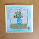 Jug of Flowers Fabric Greeting Card - Hand-Stitched - Blank Card - Textile