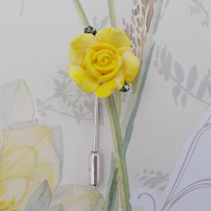 Small YELLOW ROSE PIN Wedding Lapel Flower Love Token Pin HAND PAINTED