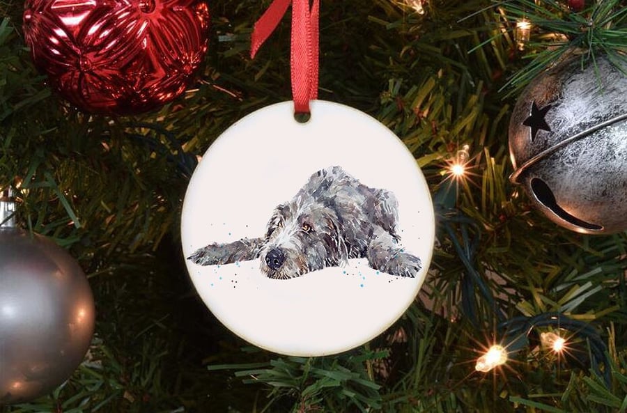 Irish Wolfhound Ceramic Circle Tree Decoration. Irish Wolfhound Xmas Tree Decora