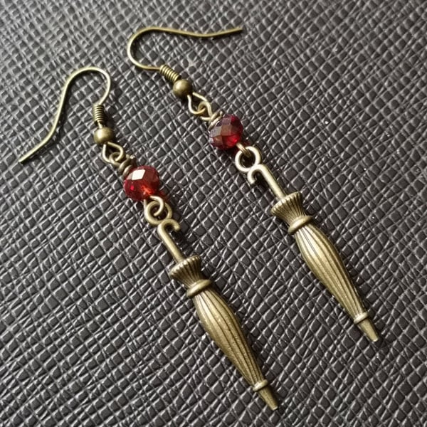 Steampunk Theme umbrella charm drop earrings red glass beaded kitsch dangle 