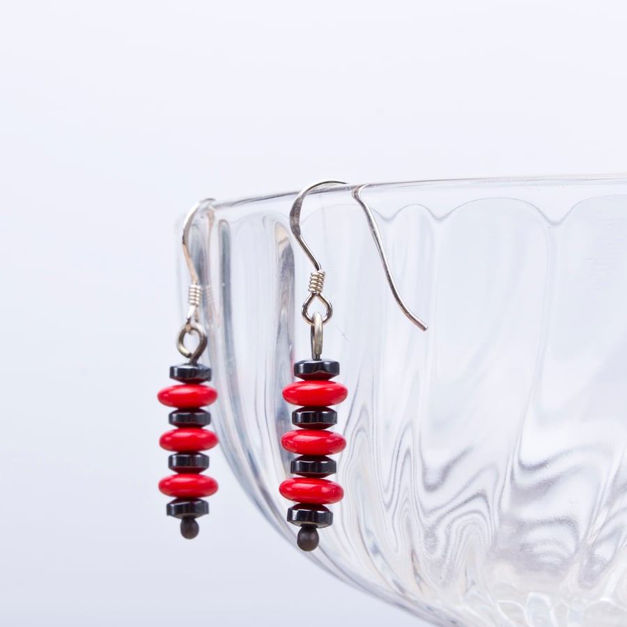 Hematite and Red bead sterling silver earrings
