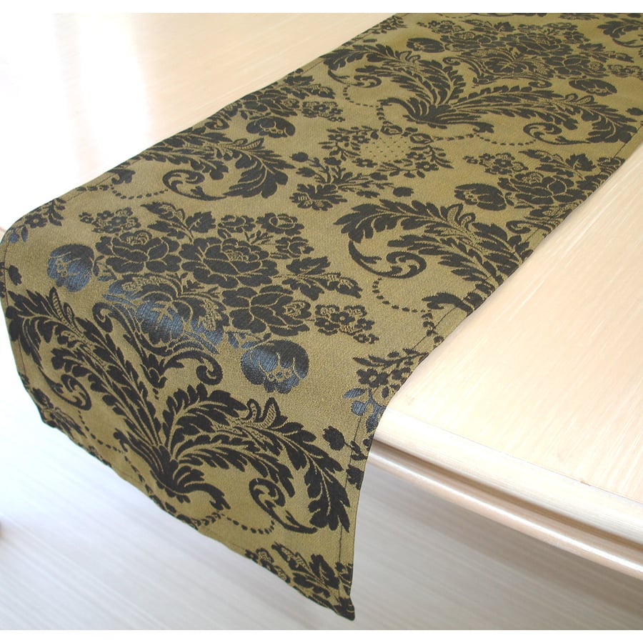 4ft Table Runner Damask Dark Navy Blue and Gold Floral