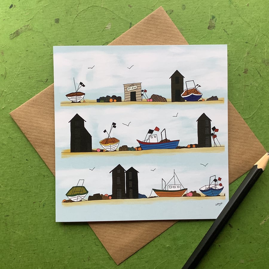 Greetings card - Fishing huts and boats - blank for own message
