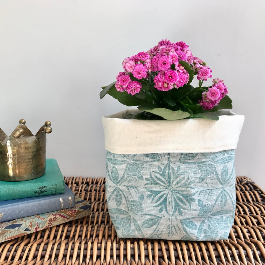 Hand Printed Linen Storage Basket, Textile Basket, Plant Pot - Teal Blue on Aqua