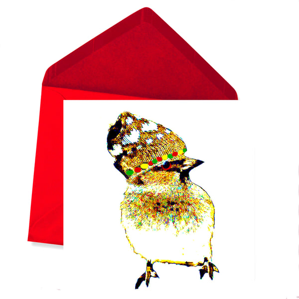 SALE - Christmas Card, Sparrow with Christmas Hat 