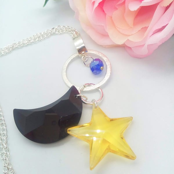 Silver Plated Necklace With a Crystal Moon and Star Element, Gift for Her