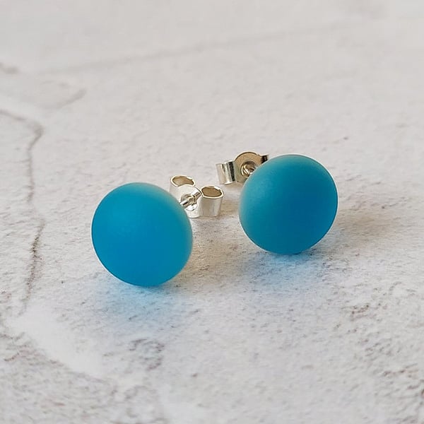 Turquoise glass stud earrings with sterling silver fittings