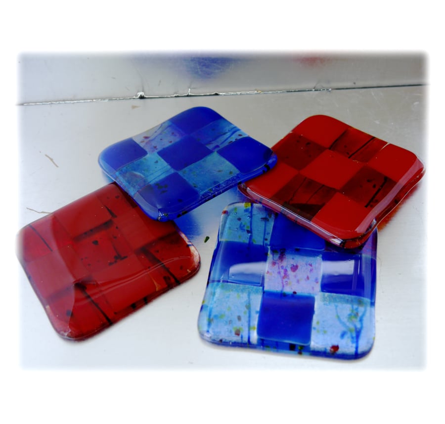 Fused Glass Coaster 8cm  Blue or  Red squared
