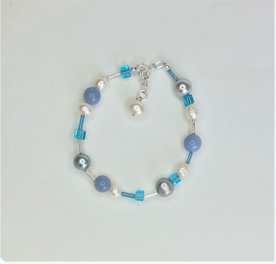 Angelite, Freshwater Pearl, Shell Pearl, Czech Glass & Sterling Silver Bracelet