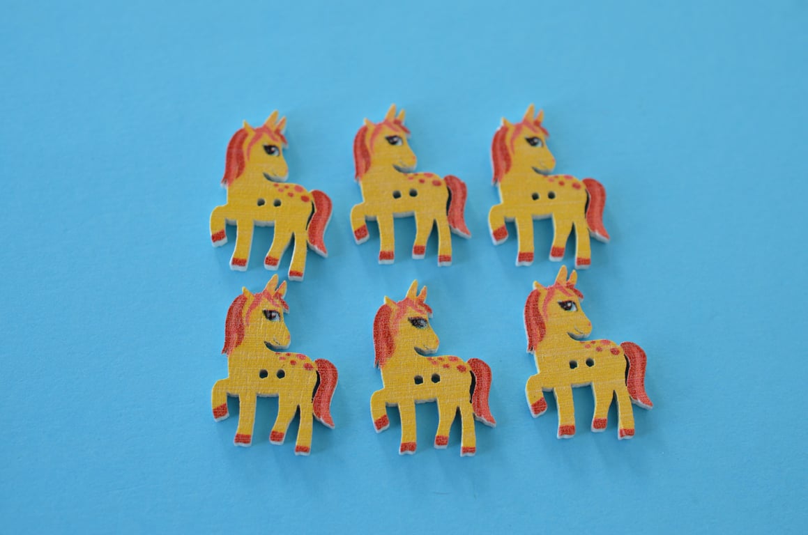 Wooden Yellow Unicorn Buttons  6pk 30x15mm approx. (U6)