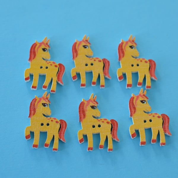 Wooden Yellow Unicorn Buttons  6pk 30x15mm approx. (U6)