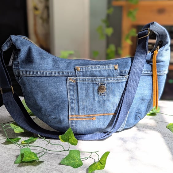 Recyled Denim Sling Bag or Dumpling Cross Body Bag. Jeans Bag with Cat Lining