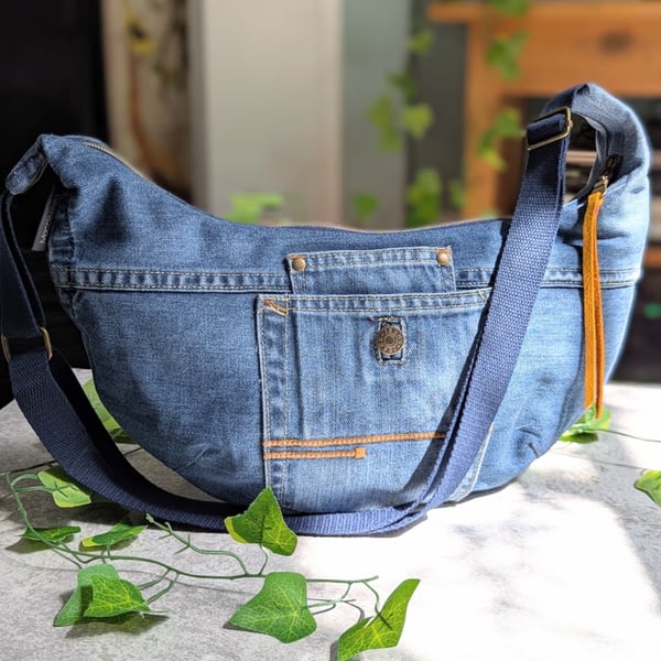 Recyled Denim Sling Bag or Dumpling Cross Body Bag. Jeans Bag with Cat Lining
