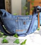 Recyled Denim Sling Bag or Dumpling Cross Body Bag. Jeans Bag with Cat Lining
