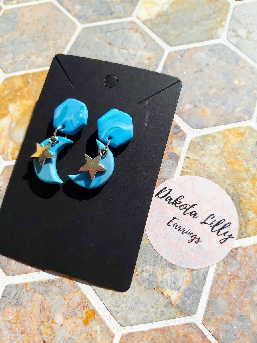 Blue and White, Moon & Stars polymer clay studs with drop