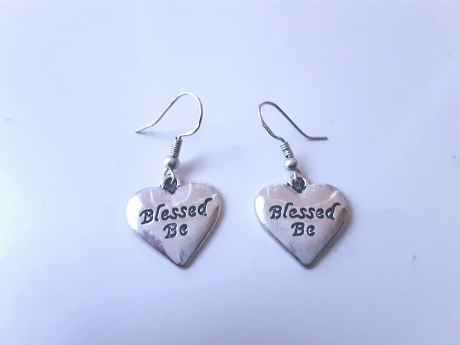 Tibetan Silver Blessed Be Heart Earrings with Sterling Silver Hooks and Free Org