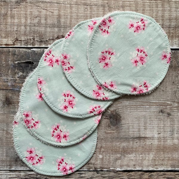 Make Up Remover Facial Rounds Pads Cotton Bamboo Pale Mint Pink Flowers Tilda x5