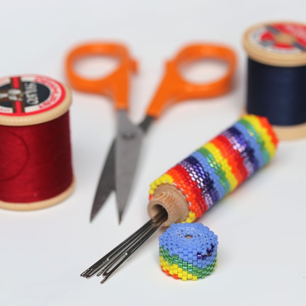 Beaded Wooden Needlecase in Rainbow Colours