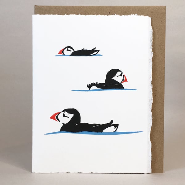 Puffins - Original LinoCut Hand Printed card