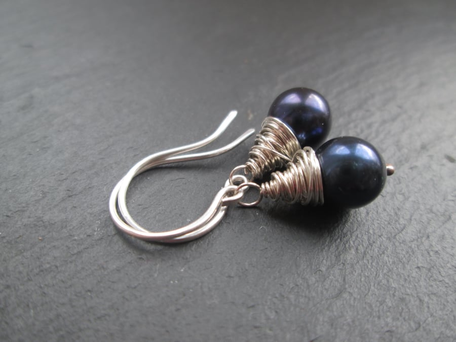 Peacock Blue Black Pearl Earrings - Wire Wrapped Jewellery