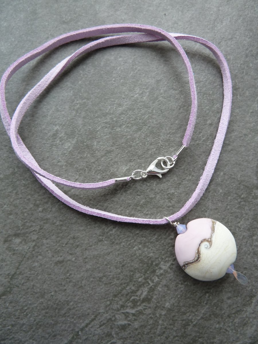 faux suede necklace, pink lampwork pendant