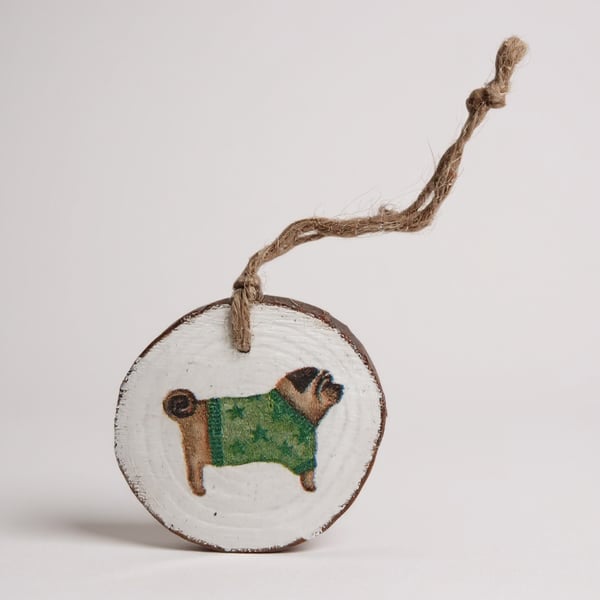 Pug in a Christmas Jumper Round Wooden Christmas Decoration Tree Ornament