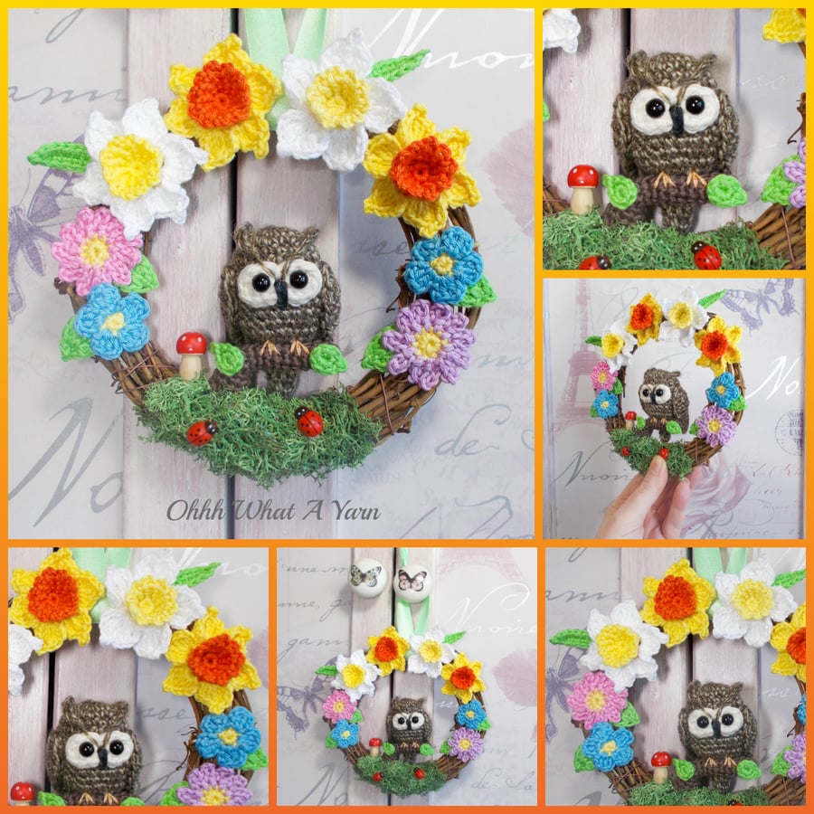 Brown owl and flowers decorative crochet wreath