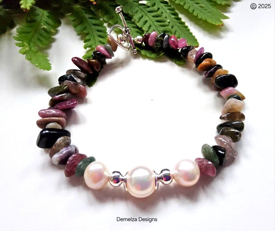 Designer Tourmaline & Large Cream Freshwater Culture Pearl Bracelet 